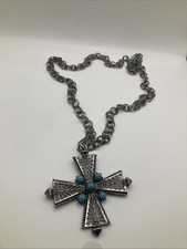 Silvertone Vtg Style Maltese Cross Turquoise Color Beaded Pendant Chain Necklace