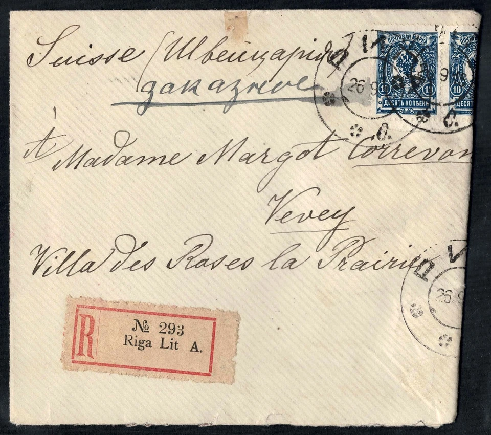 Russia 1916 Registered Cover, Riga to Vevey, Dual 10k Blue, WWI Censor, Wax Seal - Image 2 of 3