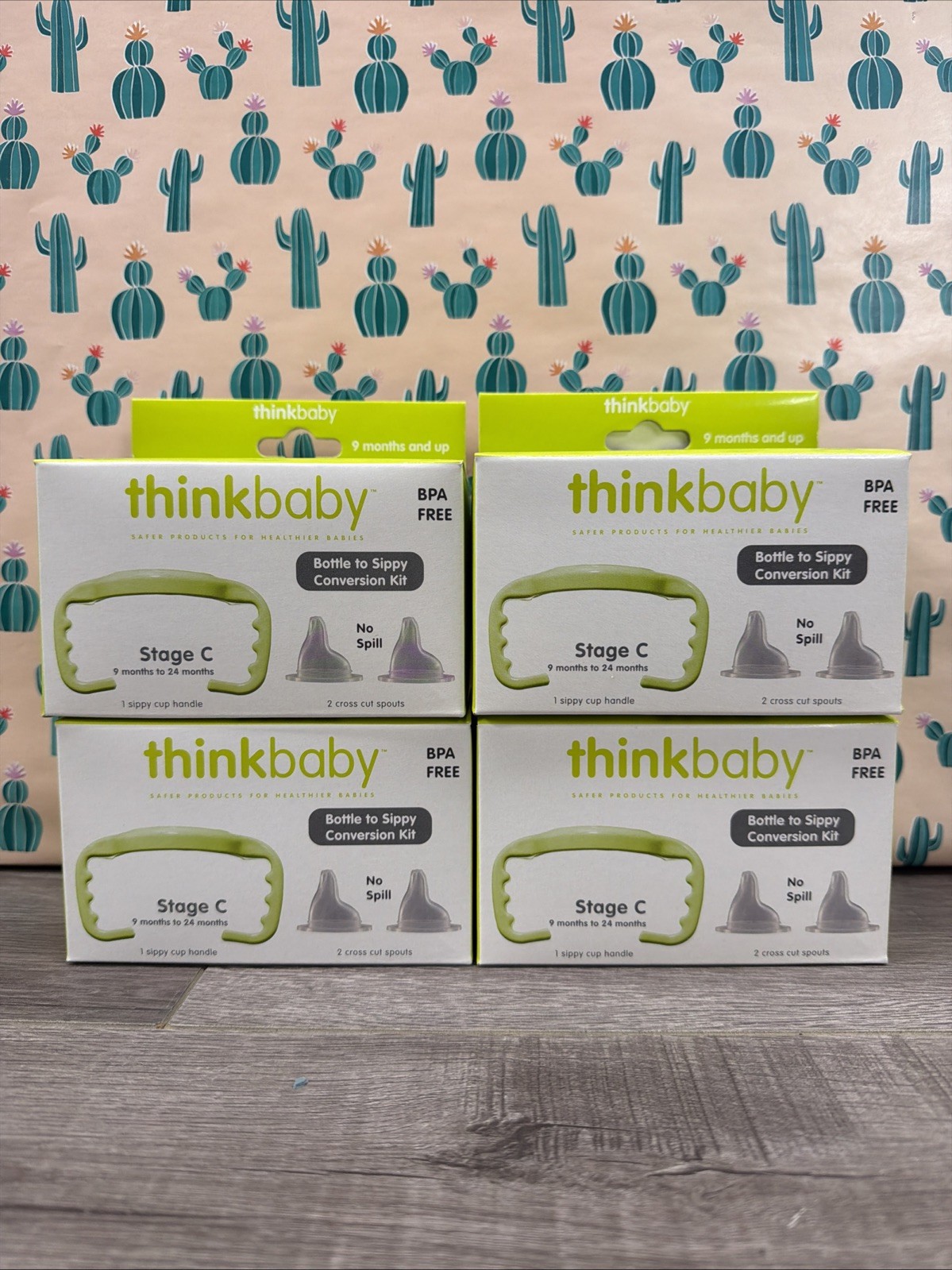 Thinkbaby Bottle to Sippy Conversion Kit 9-24 Months Gree BPA Free (4-Pack ) New