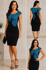 Nine West Dress Size 6 Black Blue Abstract Print Sheath Cap Sleeve NWT $140