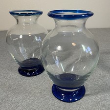 Hand Blown Glass Vase Pair Clear Cobalt Blue Studio Art Modern Decor 7  
