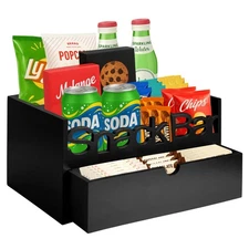 Snack Bar Organizer – Black 3 Compartment Station with Drawer, Countertop Pan...
