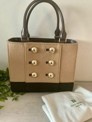KATE SPADE BEANTOWN QUINN TOTE BAG WOOL FELT GOLD BUTTONS TAN