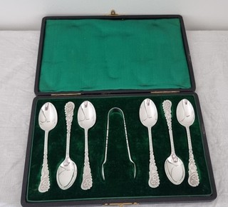 Set Of 6 Highly Decorative Victorian Solid Silver Teaspoons And Tongs Sheff 1900