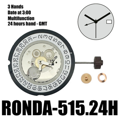 Genuine Ronda 515.24H GMT Quartz Watch Movement 1-Jewel Date at 3:00 + Stem