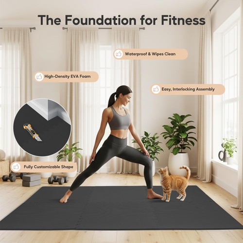 24 Sq Ft - 6 Tiles ½ Inch Puzzle Exercise Mat EVA Foam for Home Gym Black - Picture 5 of 7