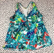 Lands End blouson swing tankini swim top leaf blue teal floral Tropical NEW 2