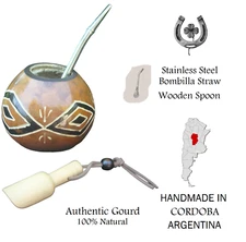 Mate Argentino - Uruguayo  Gourd Hand Carved Mate, Bombilla- Straw Spoon Yerba