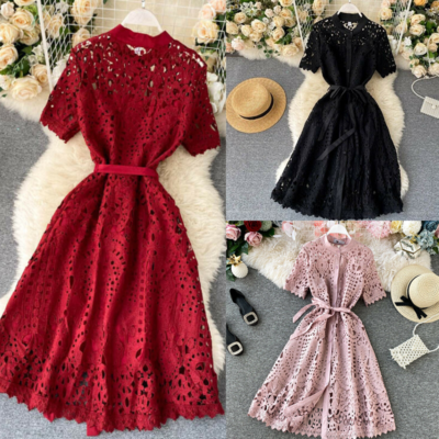 Ladies Midi Dresses Lace Hollow Out Short Sleeve Button A-line Crew Neck |  eBay