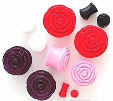 1 Pair 3D Shiny Acrylic Rose Ear Plugs Gauges Double Flare Round Flower Saddle