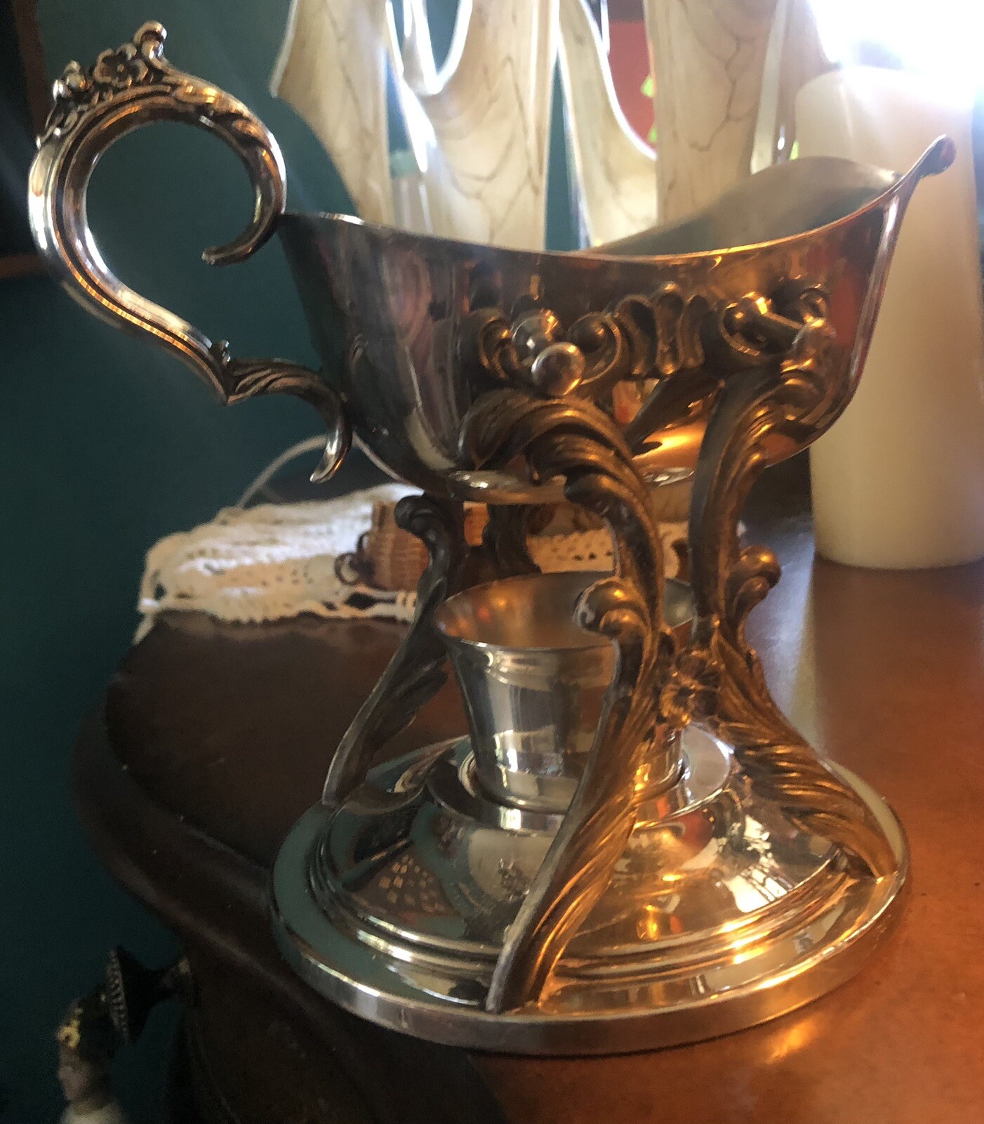 Vintage F.B. ROGERS SILVER Plated Tilting Gravy Boat with Candle Warmer Stand eBay