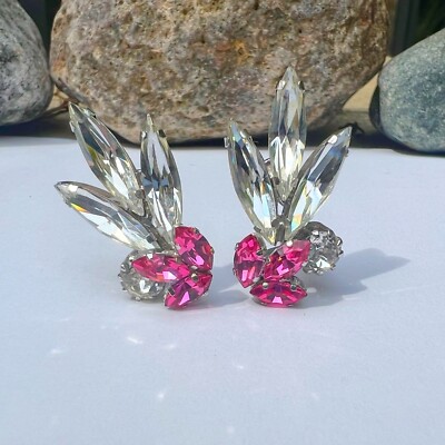 Vintage Signed Schoffel Co. Crown Austria Pink Clear Navette Rhinestone Earrings