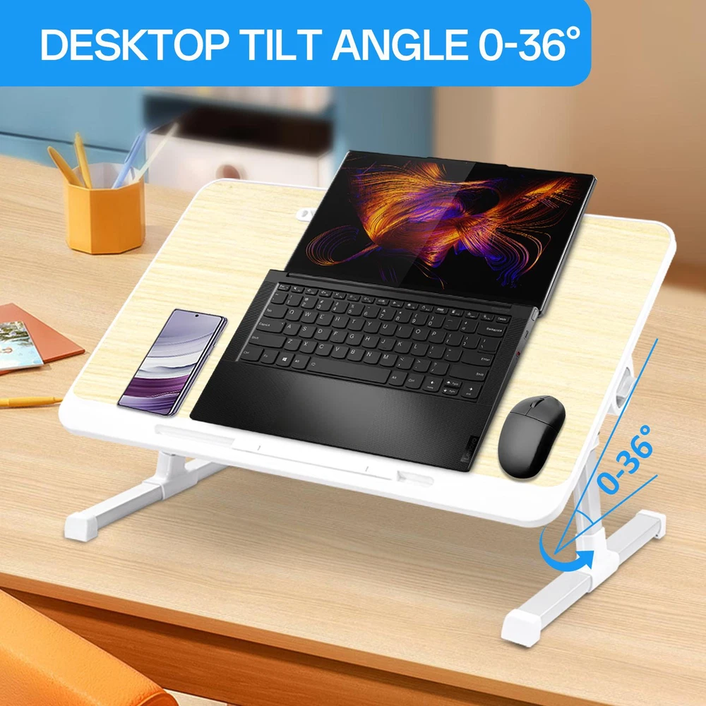 Adjustable Folding Laptop Stand For Bed With Non-Slip Tray And Storage Drawer  