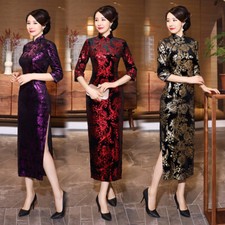 Women Autumn Winter Qipao Dress Chinese Long Velvet Cheongsam Evening Party Gown