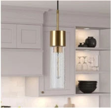 Henn&Hart Lance 3.5" Wide Pendant Light Fixture with Glass Shade in Brass/Seeded