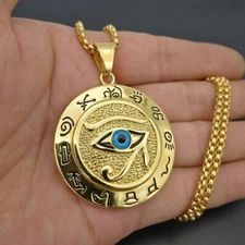 Gold Plated Round Necklace 24" chain ancient Egypt Eye of Horus Pendant Gift