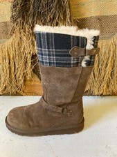 Ugg  Girls Winter Tall Maura Brown Suede Plaid Buckle Zipper Boot Size 5