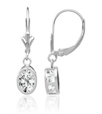 14K Solid White Gold Oval CZ Dangle Earrings