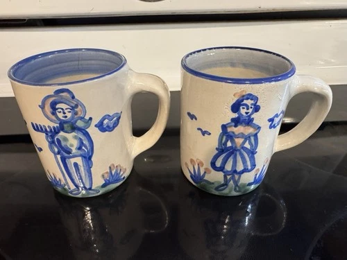 M A Hadley 2 Pottery Mugs Coffee Cup The End Inside Bottom Folk Art Stoneware