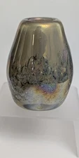 Vintage Heavy Art Glass Bubbled Bud Vase Gray/Rainbow Iridescence