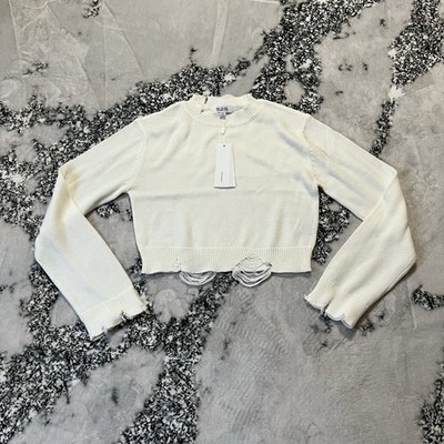525 America Sweater Womens Size XS Chalk White Cropped Distressed