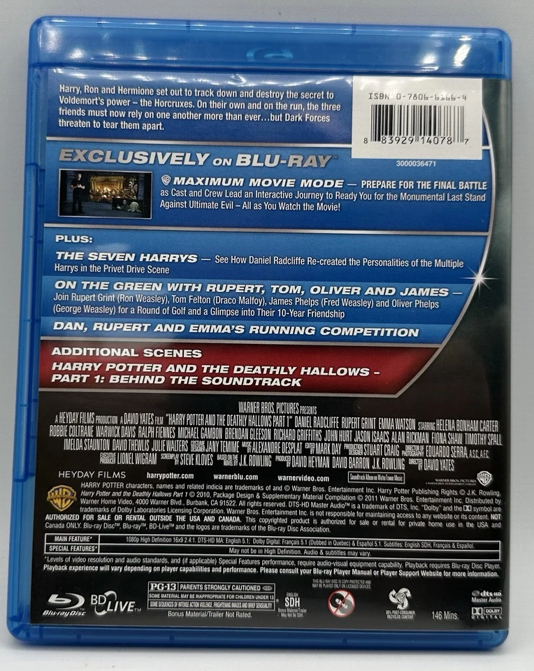Harry Potter and the Deathly Hallows, Part 1 Blu-Ray + DVD Daniel Radcliffe 2010 - Image 2 of 3