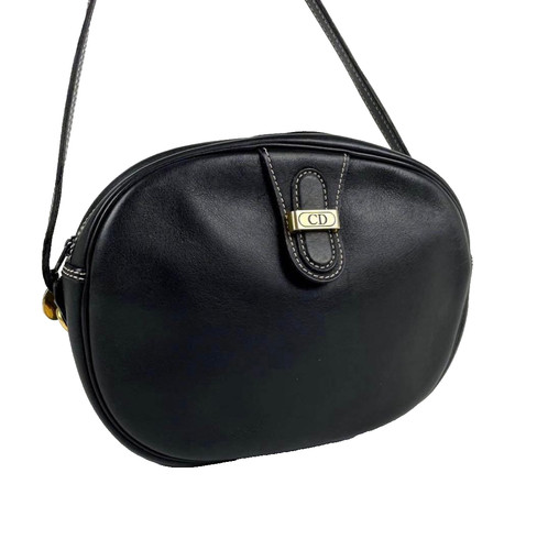 Christian Dior Vintage Black Leather Round Crossbody Shoulder Bag Gold CD France