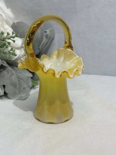 Vintage 1950s Fenton Art Glass Cased Amber Overlay 5.5” Tall Basket Vase Rare