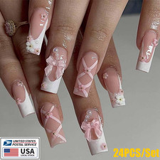 24x French Press on Nails Medium Rhinestone Pink Fake Nails Almond Bling Glossy