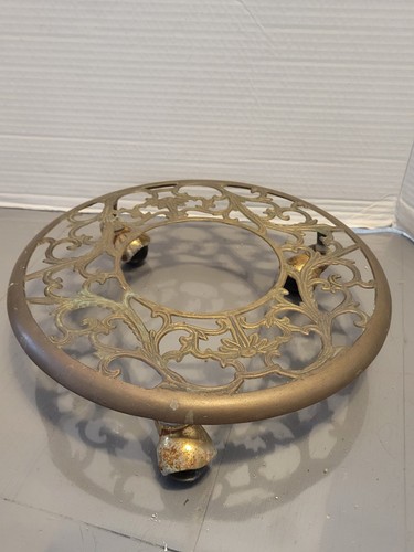 Vintage Round BRASS Rolling Plant Base DOLLY  Acanthus Leaf