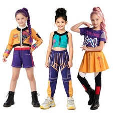 Girls Color Block Crop Outfit Kids Hip Hop Dance Runway Costume Set