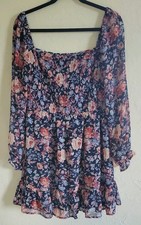 As U Wish Smocked Floral Mini Dress Cottagecore Square Neck Women's XL Navy
