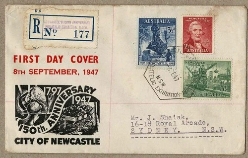 Australia 1947 Newcastle Set FDC Cover Exhibition Registered to John Shaiak