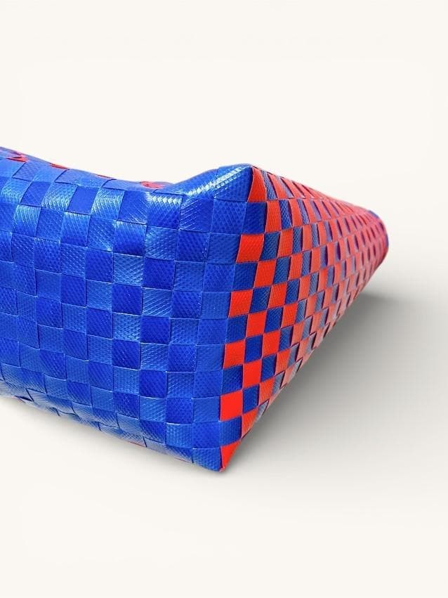 Marni Market Bag Woven Tote Red Blue Check Handbag Basket Style