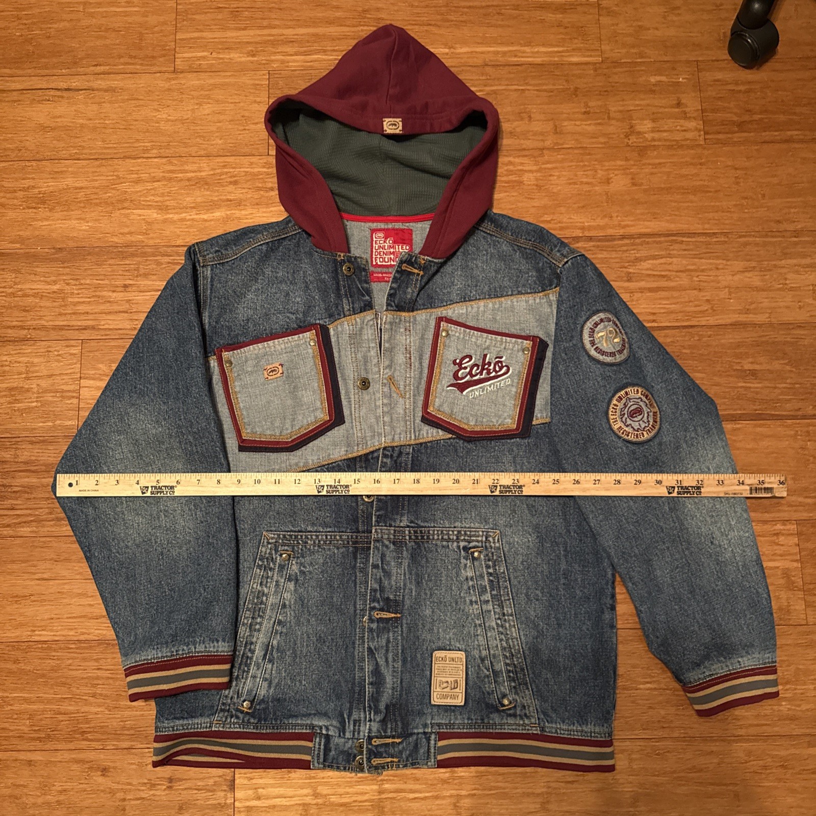 Vintage Ecko UNLIMITED Denim Foundry Hooded Jacket Adult Size XL RARE Y2K