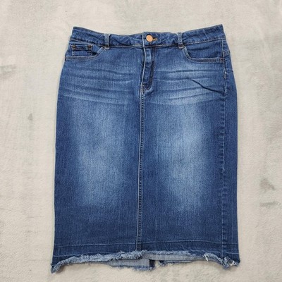 A2Y Skirt Womens 1X Blue Denim Pencil Raw Frayed Hem Knee Length Stretch Casual