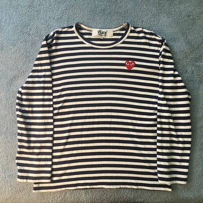 Comme Des Garcons PLAY Long Sleeve Striped T-Shirt Navy Blue Red Heart Size L