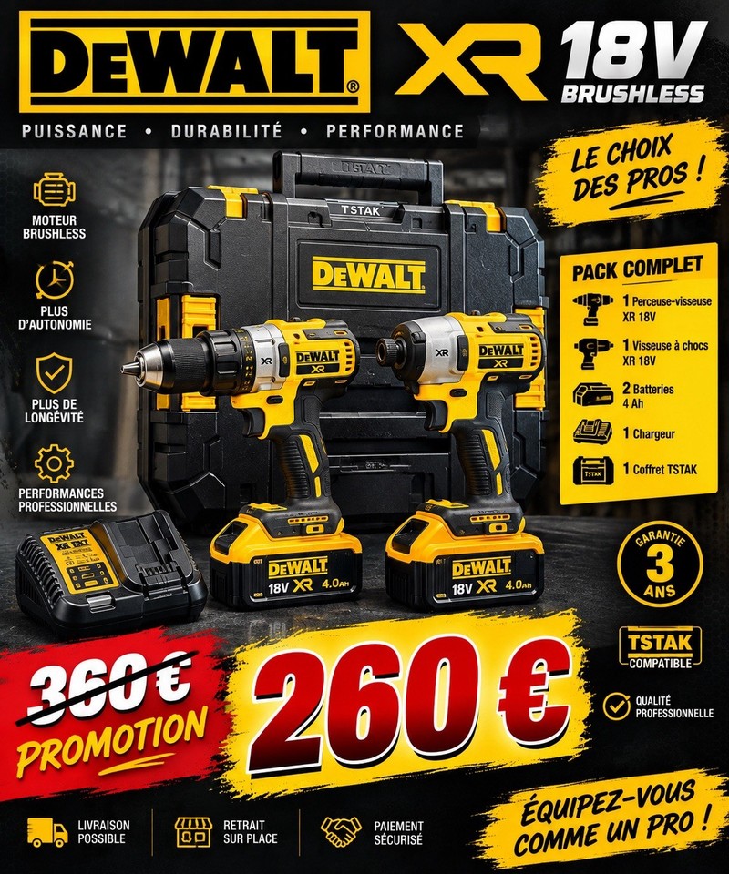 DEWALT XR 18V sans balais pack 2 outils + 2x 4,0Ah + chargeur TSTAK