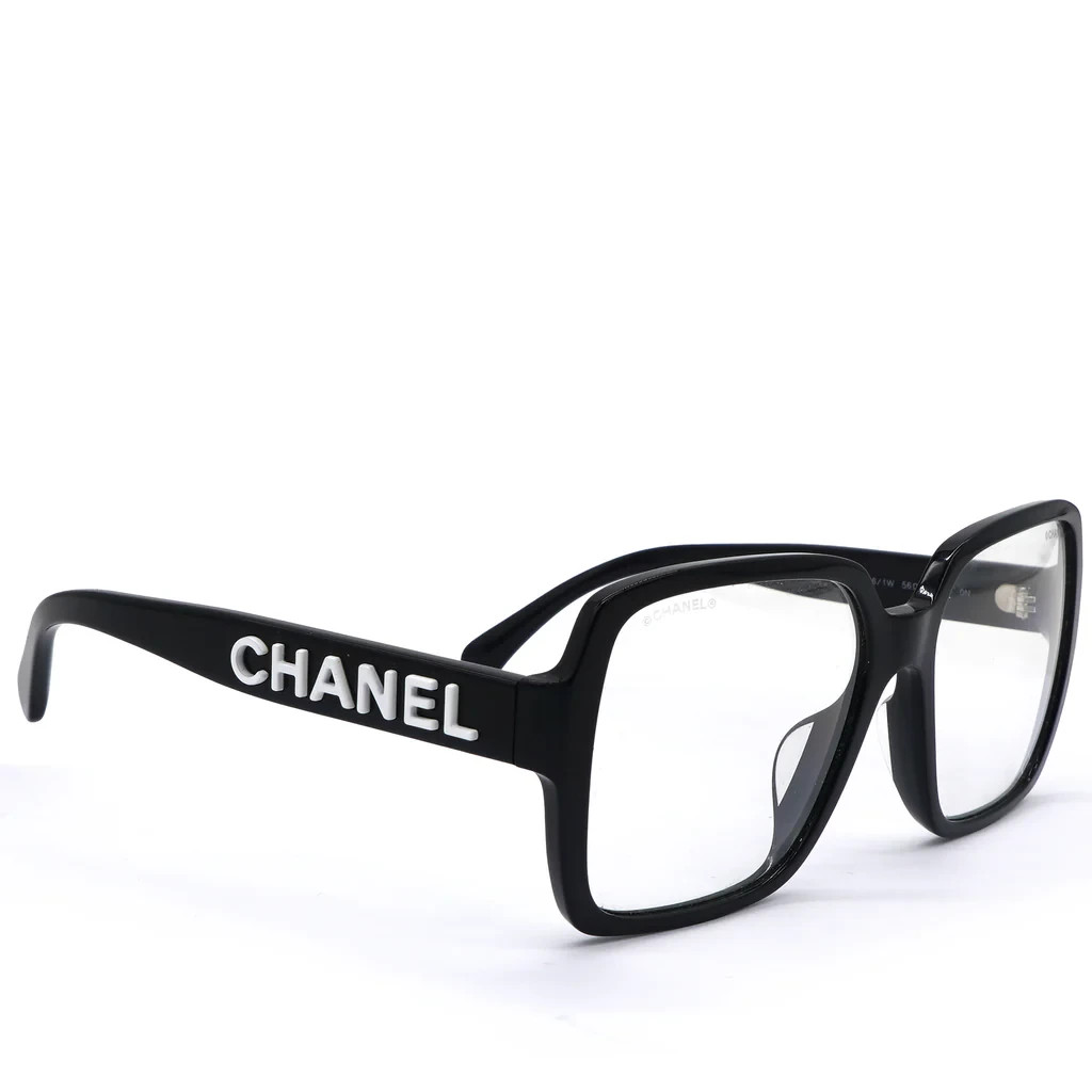CHANEL 5408 Black Frame White Letters Logo Square Clear Demo Lens