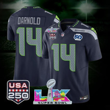 Maglia Sam Darnold #14 Seahawks Navy Super Bowl LX 250° cucita tutte le taglie