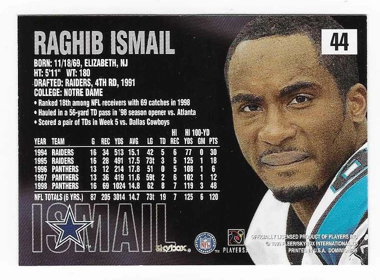 1999 Skybox Dominion Raghib Ismail Dallas Cowboys Football Card #44 - Image 2 of 2