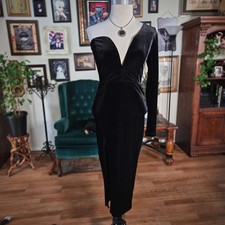 Windsor Black Velvet One Shoulder Dress Long Sleeve Deep V-Neck Slit