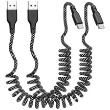 Coiled USB A to USB C Fast Charging Cable 2 Pack 3ft Braided Cord For Car Phone