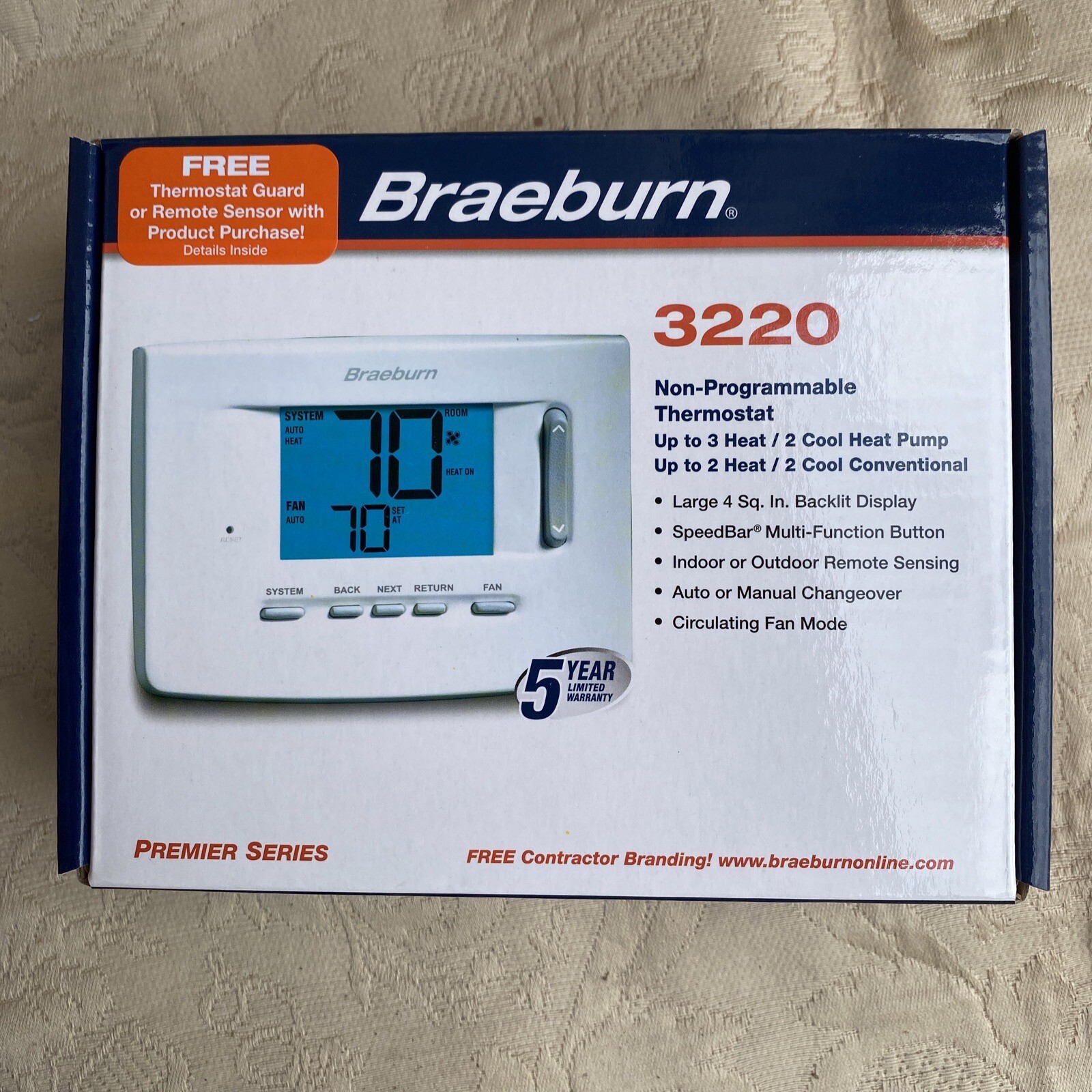 BRAEBURN 3220 3 HEAT/2 COOL NON PROGRAMMABLE THERMOSTAT 24v Z2