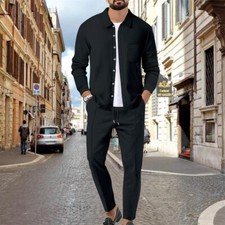 Men Waffle Tracksuit Outfit 2-Piece Set Long Sleeve Shirt and Pants Set