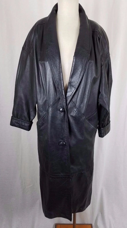 JCPenney Black Leather Maxi Motorcycle Biker Duster Long Trench Coat Womens S