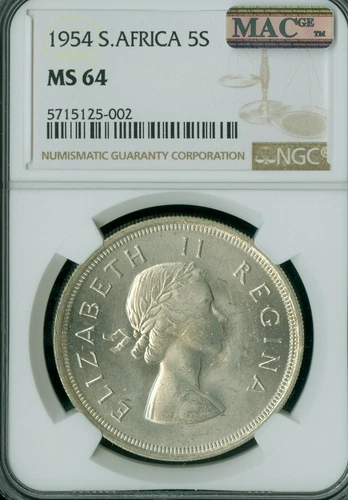 1954 SOUTH AFRICA SILVER 5 SHILLING NGC MS64 MAC SPOTLESS VERY RARE *