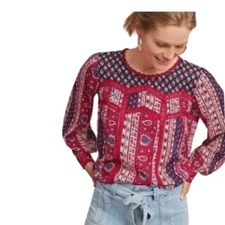 Maeve for Anthropologie Red Blue Gretchen Patchwork Boho Long Sleeve Blouse 2