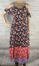 Express Dress Small Black Red Peach Floral Cold Shoulder Ruffled 100% Rayon Cute
