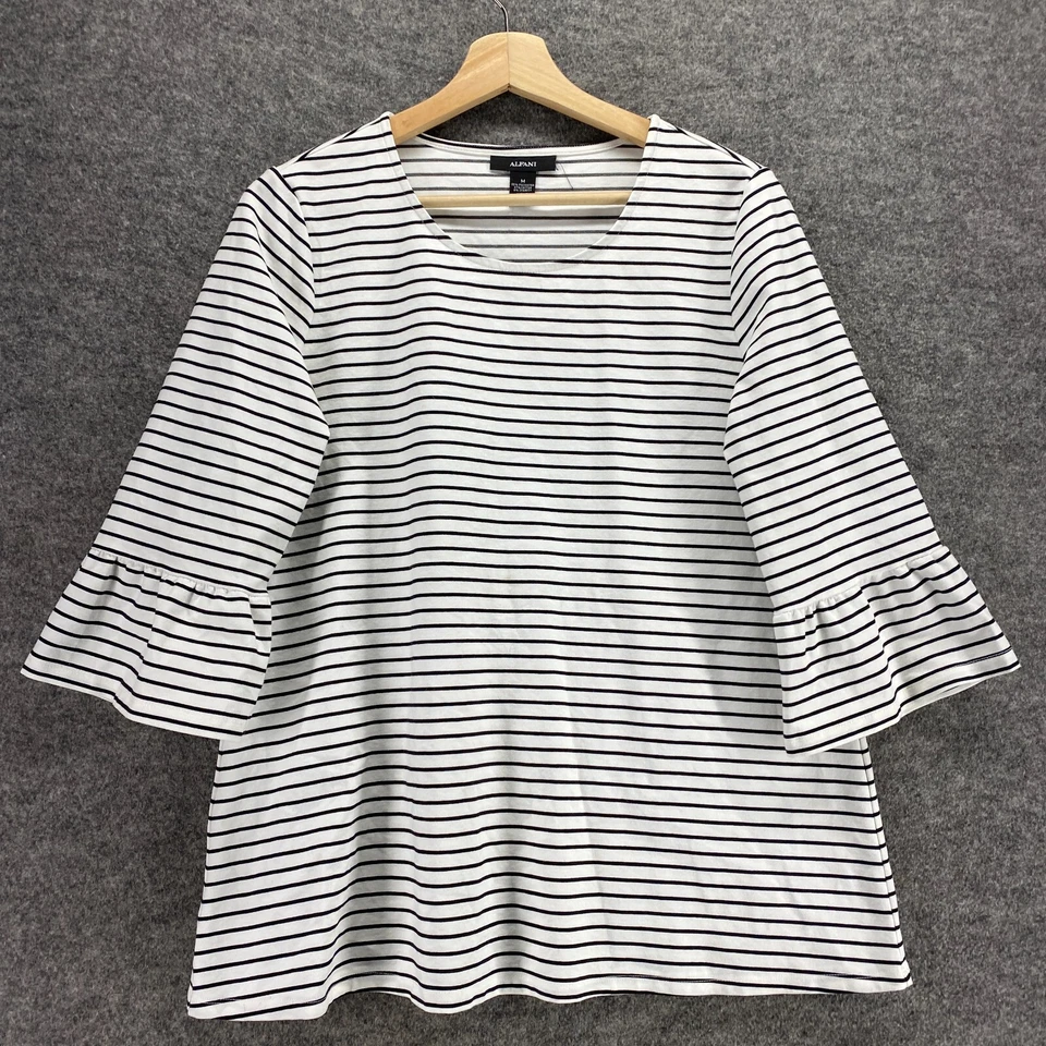 Blusa Alfani Mujer M Mediana Blanca Rayas Manga 3/4 Cuello Redondo Algodón Pullover Foto 4 de 4